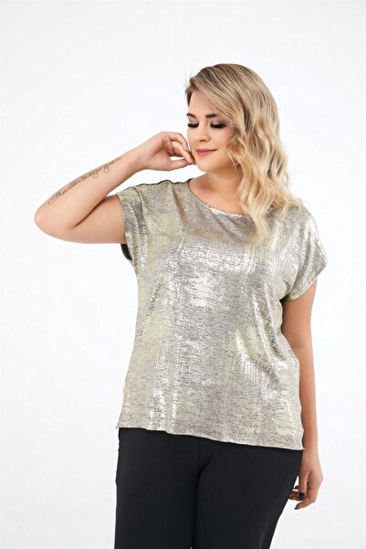 Seamoda Kadın Coffee Gold Kısa Kol Sim Baskılı Yırtmaçlı Bluz