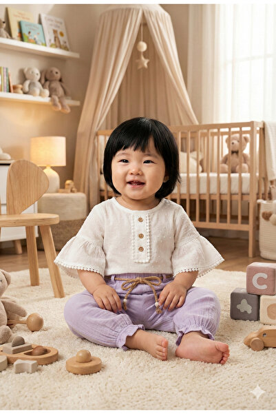 Mini Baray طقم بناتي مع بنطلون موسلين (9-12-18 شهرًا) 100% قطن - راحة مريحة و...