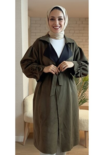 Vivessa Kuşak Detaylı Süet Trençkot Kap-Haki