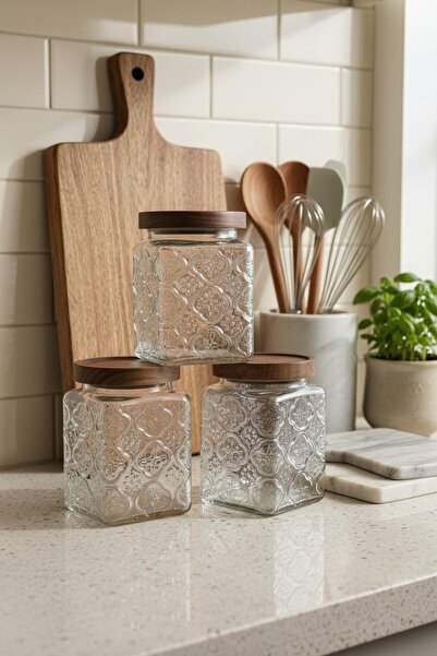 Suo Home & Kitchen مجموعة حاويات تخزين زجاجية مكونة من 3 قطع مع أغطية أكاسيا - غطاء محكم الإغلاق، وعاء مربع منقوش
