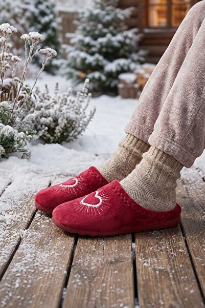 GEZER Kadın Kışlık Nakışlı Kalp Tasarım Rahat Taban Ev Bahçe Gondol Terlik