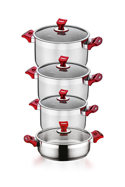 Hascevher Yaprak 8 Parça Çelik İndüksiyon Tabanlı Tencere Takımı - Cam Kapaklı Çelik Tencere Seti