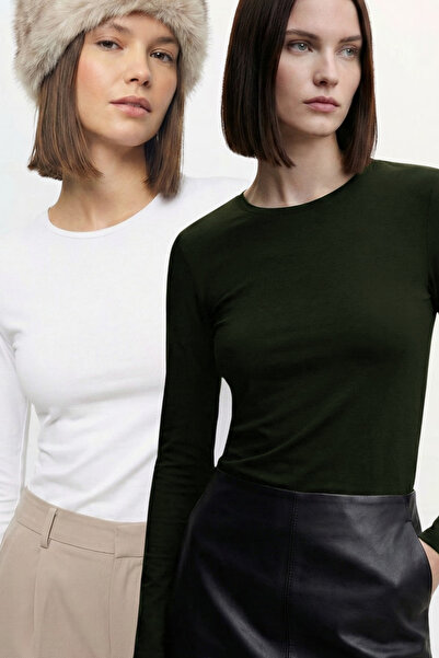 VODENS طقم بلوزة أساسية فائقة النعومة باللونين الأبيض والكاكي برقبة دائرية مك...