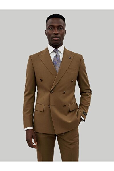 HERMOSE بدلة رجالية عصرية ذات لون بني بتصميم مزدوج الصدر