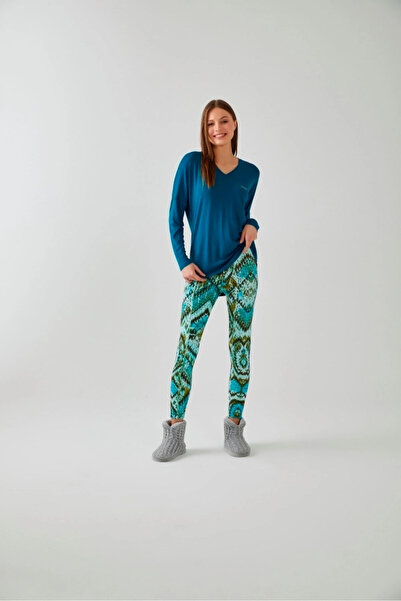 Pamuk & Pamuk Petrol Mavi V Yaka Etnik Desen Tayt Takım