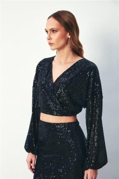 KÜBRA Pul payetli kruvaze bluz - siyah renk