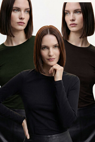 VODENS Σετ 3 μπλούζες Crew Neck Μαύρο Καφέ Χακί Ultra Soft 100% βαμβακερό