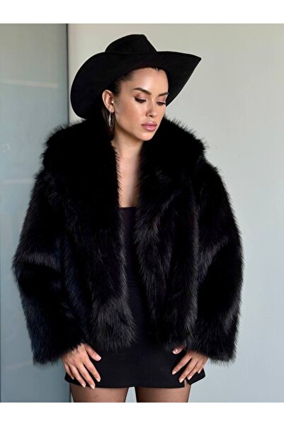 Senarce Yumuşak Dokunuşlu Oversize Premium Kürk Peluş Siyah Mont