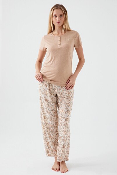 Pierre Cardin Σετ γυναικεία κοντομάνικη πιτζάμα Tropical Vibes καφέ
