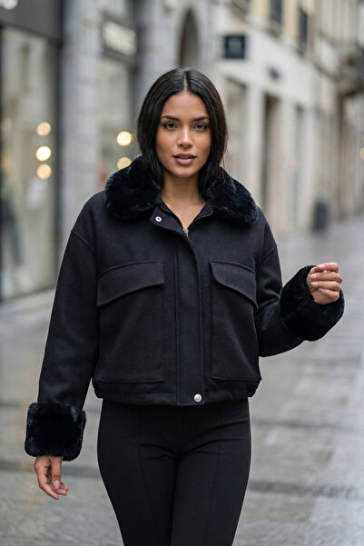 FAMODA Women's Fur Collar Black Suede Coat