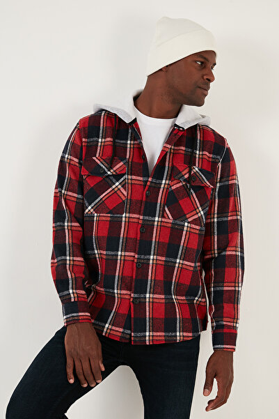 Buratti Cămașă pentru bărbați cu glugă cu buzunar dublu în carouri CF22W2650