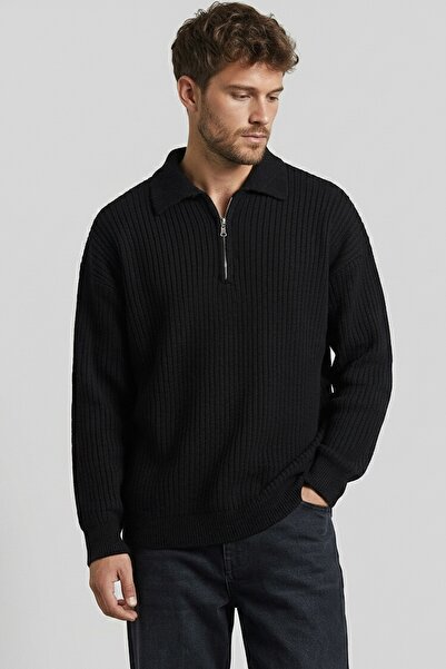 hateko Siyah Yarım Fermuarlı Oversize Polo Yaka Kazak