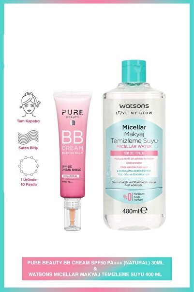PURE BEAUTY Bb Cream Spf50 Natural 30 Ml + Watsons 400 Ml Micellar Makyaj Tem...