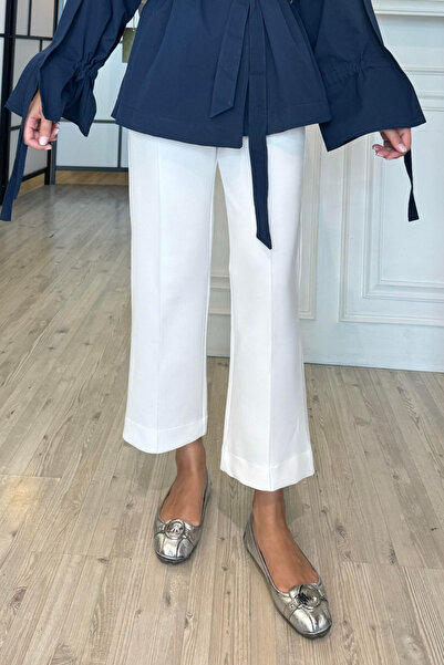 Tesettür Diyarı Ankle Length Scuba Pants with Elastic Waist and Pockets - White
