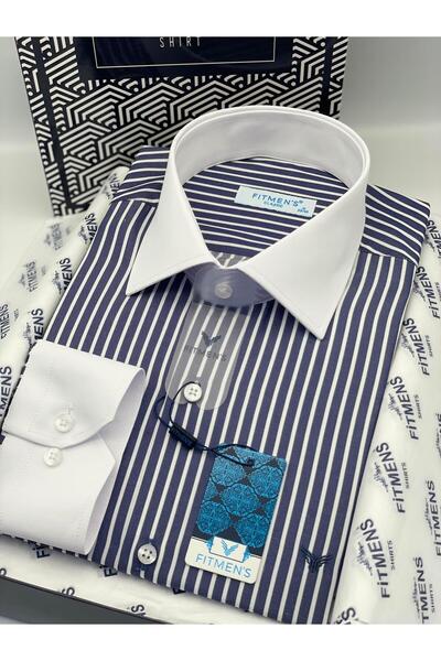 Fitmens Classic long sleeve pocketless collar cuff white gift boxed men's shirt fs-004328 - navy white
