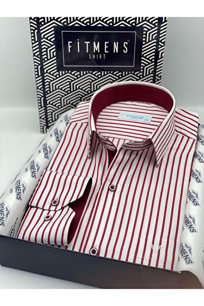 Fitmens قميص رجالي كلاسيكي بأكمام طويلة وسميك ومخطط هدية في صندوق FS- 001260   - الأبيض كلاريت الأحمر