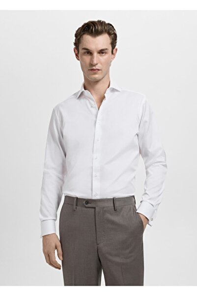 MANGO Man Kol düğmeli slim fit dimi kumaş gömlek