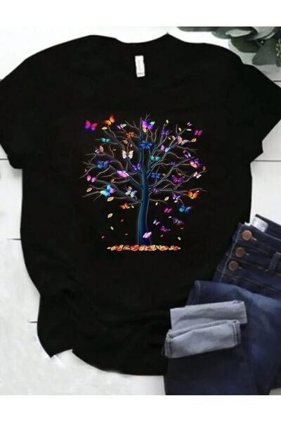 MAGORS Stıl-x Μαύρο και άσπρο μπλουζάκι με στάμπα πεταλούδας - Standard Fit