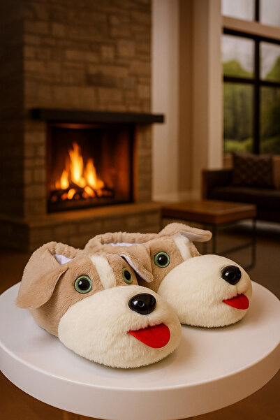 Behtah Kundura Unisex Cam Gözlü Köpek Figürlü Peluş Ev Pandufu Botu Ev Ayakka...