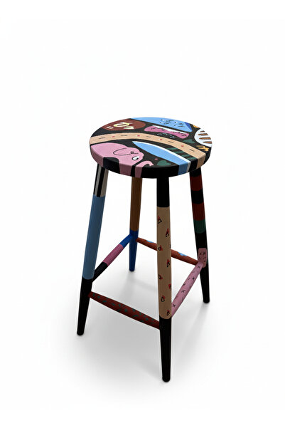 Revolver Art Store Renkli Ahşap Bar Taburesi, Mutfak Sandalyesi, Dekoratif Ta...