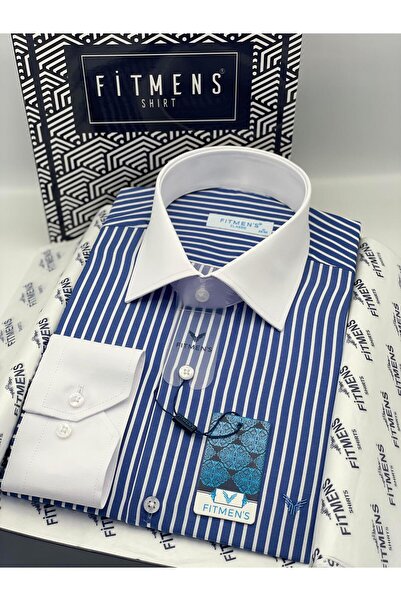Fitmens Classic long sleeve pocketless collar cuff white gift boxed men's shirt fs-004328 - Cobalt blue white