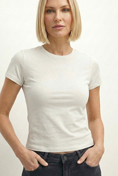 VODENS Beyaz Bisiklet Yaka Basic Ultra Soft %100 Pamuk Kısa Kol Body