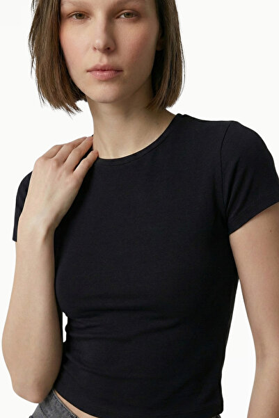 VODENS Siyah Bisiklet Yaka Basic Ultra Soft %100 Pamuk Kısa Kol Body