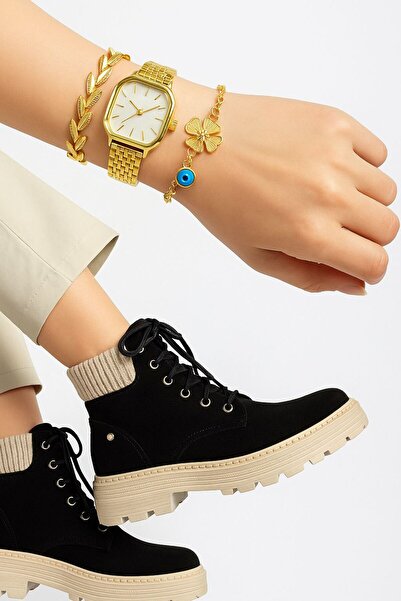 İA İLERİADIM Cizme de damă cu talpă înaltă cu șireturi din piele intoarsa neagră - Casual Inside White Square Ceas de mână elegant pentru femei