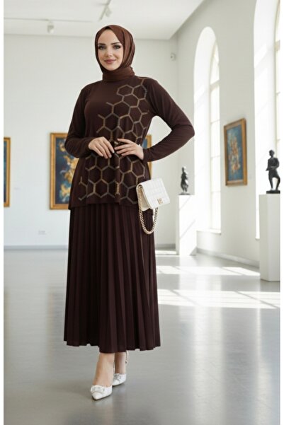 modamira Kadın Sandy Kahverengi Önü Taş Detaylı 2li Eteği Piliseli Ikili Tese...