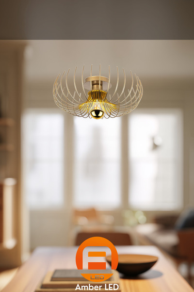 AmberLED Tel Tekli Plafönyer Parlak Gold Metal Gövdeli Modern Aydınlatma