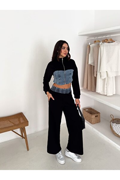 DAME Women's Trend High Waist Jean Detailed Zippered 3-Piece Set