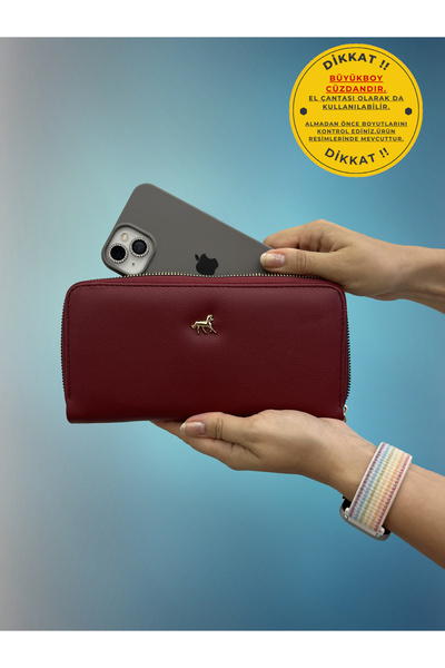 shiny ever حقيبة يد نسائية جلدية كبيرة الحجم مع حجرة للهاتف باللون الأحمر الداكن مع تفاصيل ذهبية