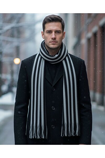 1001 Kravat Valentine's Day Gift Black and Gray Striped Men's Knitted Scarf -...