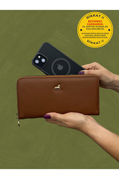 shiny ever Large Size Leather Women's Wallet Handbag with Phone Compartment, Tan Gold Detail