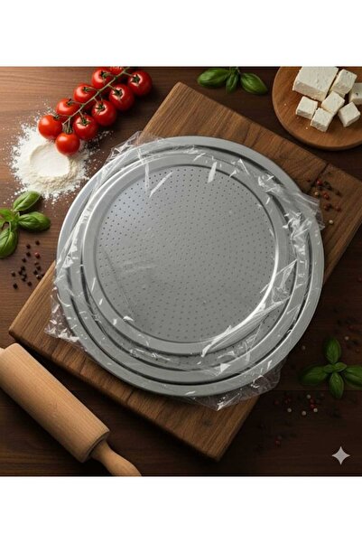 BİMOTE Lüx 3'lü Delikli Çelik Pizza Tepsileri 28-32-34 Cm - Ev Tipi Pizza Pişirme Seti