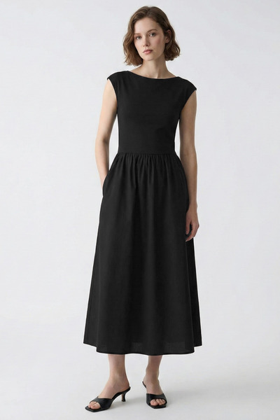 VODENS Γυναικείο μίντι φόρεμα με μαύρη αντίθεση με λεπτομέρεια τσέπης