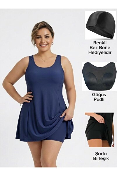 vawensea Kadın Kendinden Bitişik Şortlu Elbise Mayo Lacivert (GÖĞÜS PEDLİ)