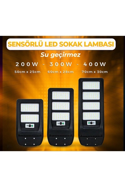 Solar Yüksek lümen 200W LED sokak Armatürü| Su Geçirmez, Sensörlü, Kumandalı