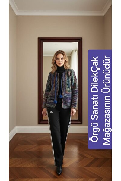 Örgü Sanatı DilekÇak El Örgüsü Patchwork Ömürlük Hırka, Ponpon Detaylı, Renk Ahenkli, Bohem, Tasarım Kadın Hırka