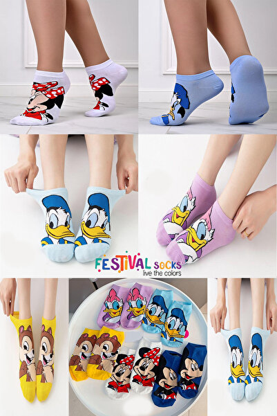 Festival Socks 1 Çift Kadın Çizgi Sevimli Karakter Patik Çorap Karışık Renk