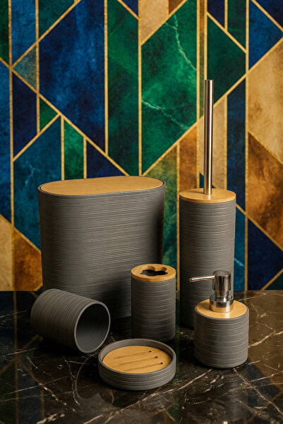 MAKRİ HOME 6'lı Banyo Seti, Bambu Kapaklı, Gri, Oval, 8 litre