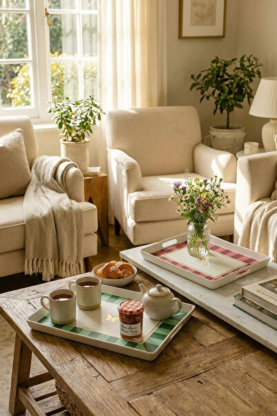 MAKRİ HOME 2 قطعة صينية تقديم منقوشة مخططة مقاس 38x28x3.5 سم، أخضر وأحمر داكن