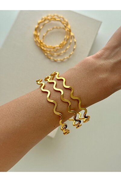 YOUES JEWELRY 22 Ayar 3 ADET Gold Altın Kaplama Zig Zag Ajda Bilezik 3 ADET