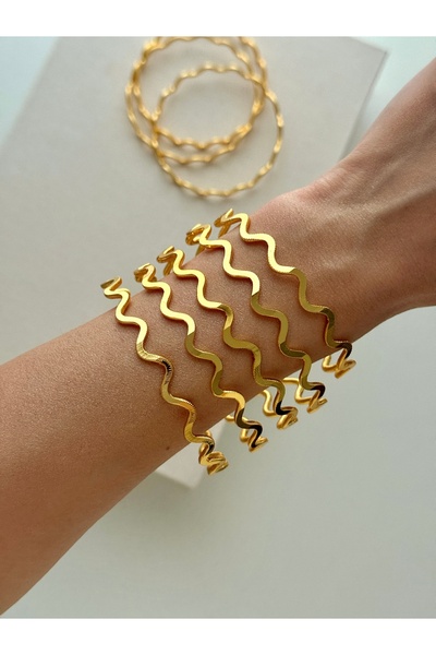 YOUES JEWELRY 22 Ayar 5 ADET Gold Altın Kaplama Zig Zag Ajda Bilezik 5 ADET