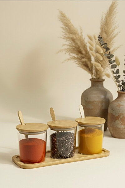 quanco Baharatlık/3'lü Baharatlık Reçellik-bambu Kabak-bambu Stand/borosilika...