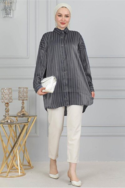 TRENDTESETTÜR KADIN GRİ ÇİZGİLİ PARLAK GÖMLEK TUNİK T 7398