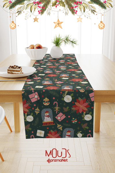 Moud's Yeşil Yılbaşı Desenli Süet Runner Masa Örtüsü