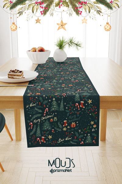Moud's Yeşil Merry Christmas Yılbaşı Desenli Süet Runner Masa Örtüsü