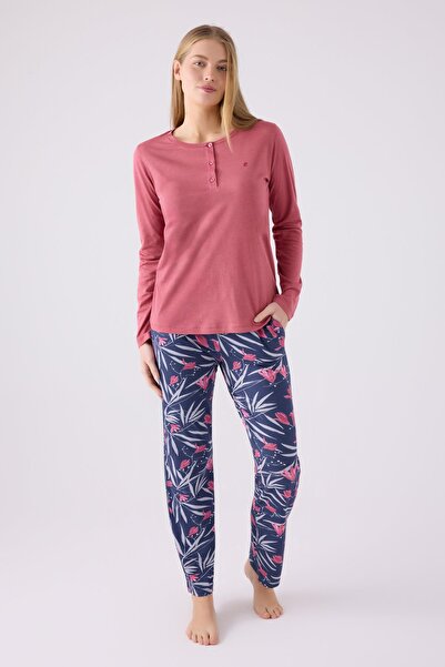 Pierre Cardin Paris 8903 Costum de pijama cu mânecă lungă pentru femei, cu model de flori, cu nasturi