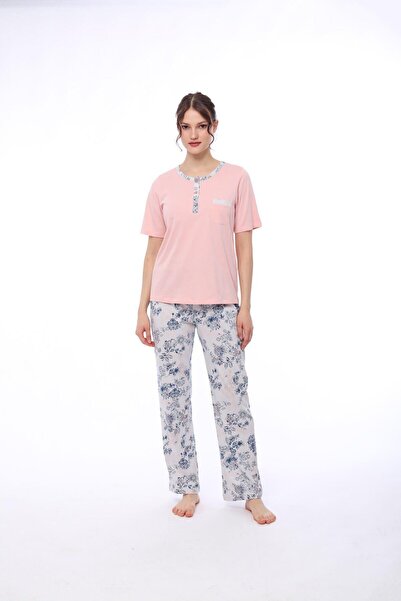 Pijadore 1444 Kadın Çiçekli Cepli Kısa Kollu Pijama Takım